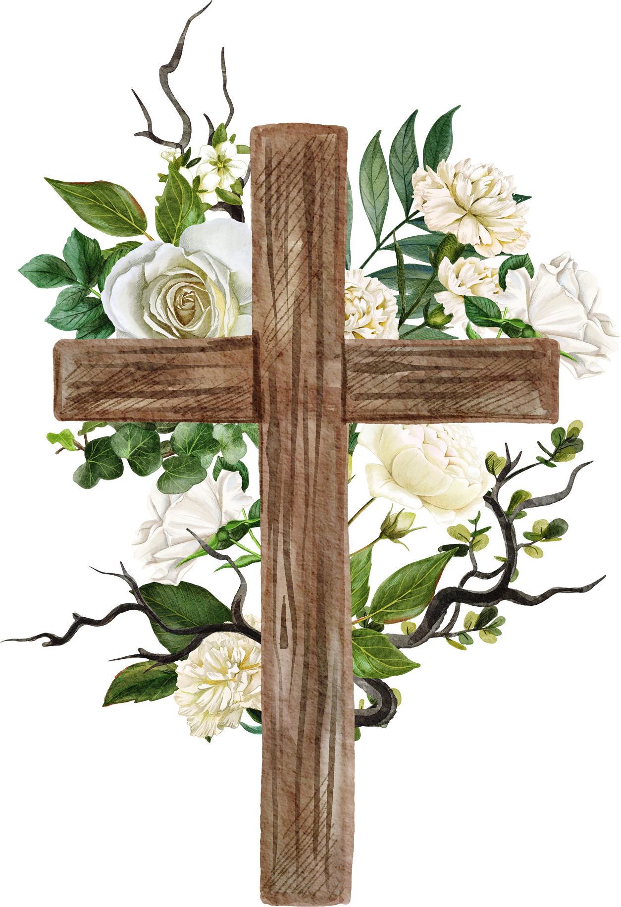 Christian Wooden Cross Decorated with Flowers and Leaves Watercolor Vintage Style Isolated Vector Illustration