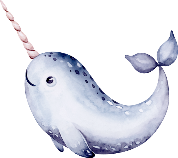 Narwhal sea unicorn blue watercolor handdrawn