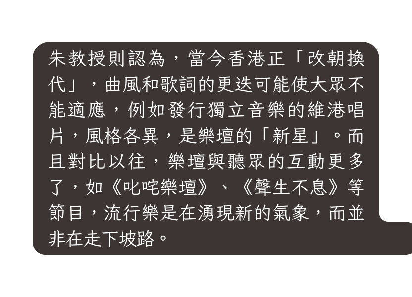 朱教授則認為 當今香港正 改朝換代 曲風和歌詞的更迭可能使大眾不能適應 例如發行獨立音樂的維港唱片 風格各異 是樂壇的 新星 而且對比以往 樂壇與聽眾的互動更多了 如 叱咤樂壇 聲生不息 等節目 流行樂是在湧現新的氣象 而並非在走下坡路